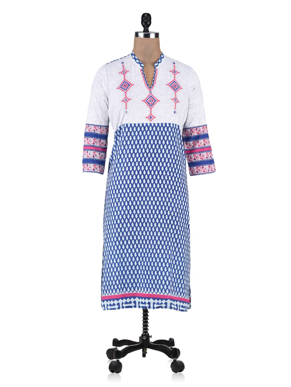 white and blue printed cotton kurti