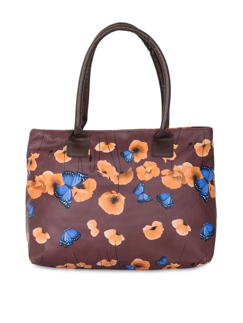 brown floral printed nylon handbag