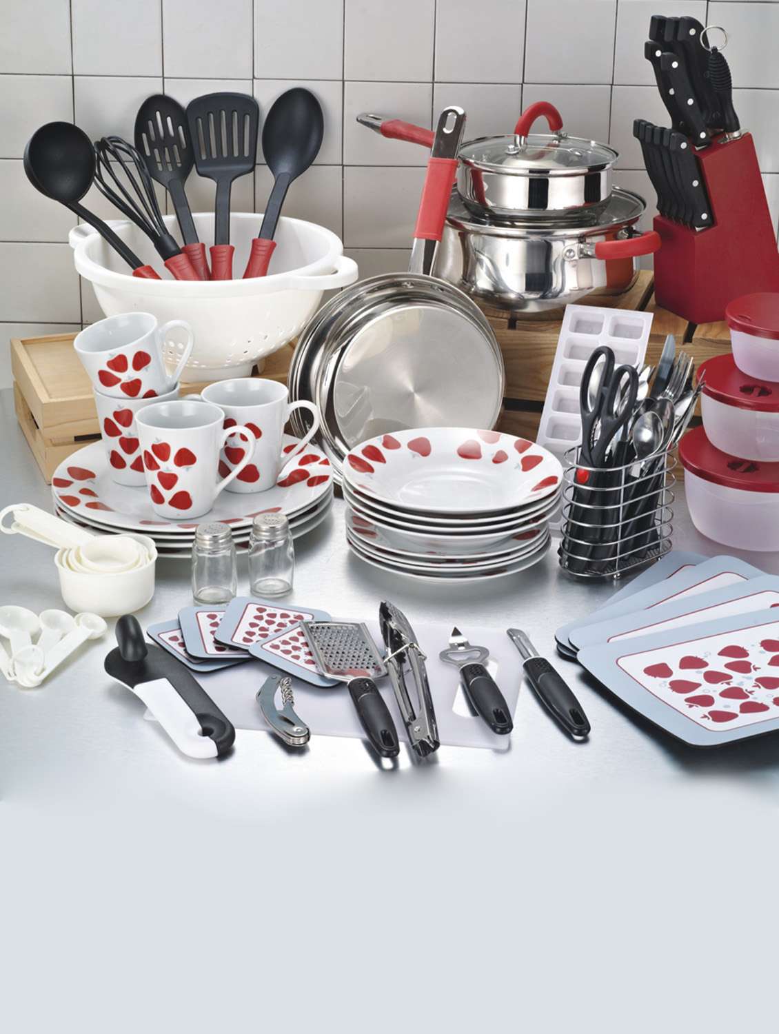 red glass stainless steel plastic kitchen set