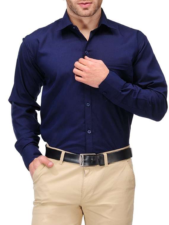 solid navy blue cotton blend formal shirt