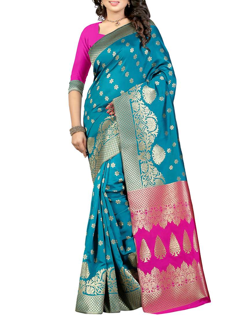turquoise silk banarasi saree with blouse