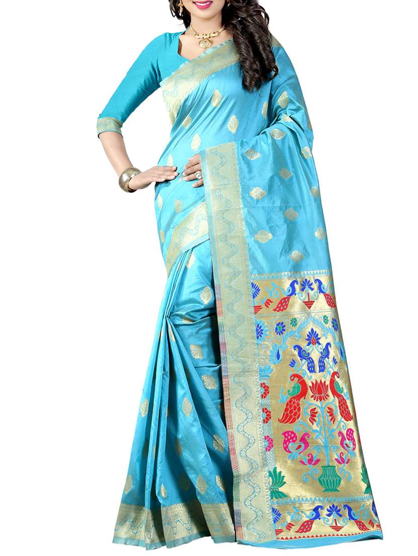 sky blue art silk paithani saree with blouse
