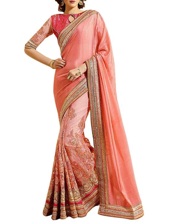 pink & peach chiffon embroidered half and half saree with blouse