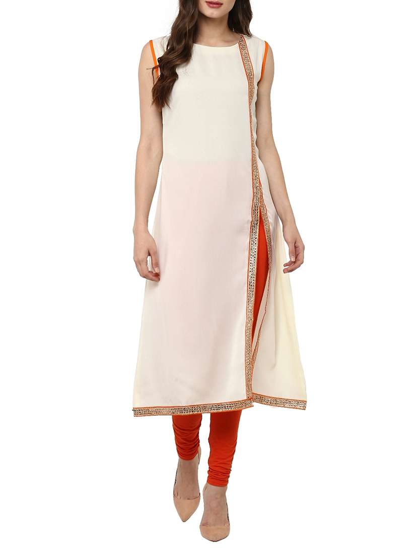 cream crepe embellished high-slit kurta