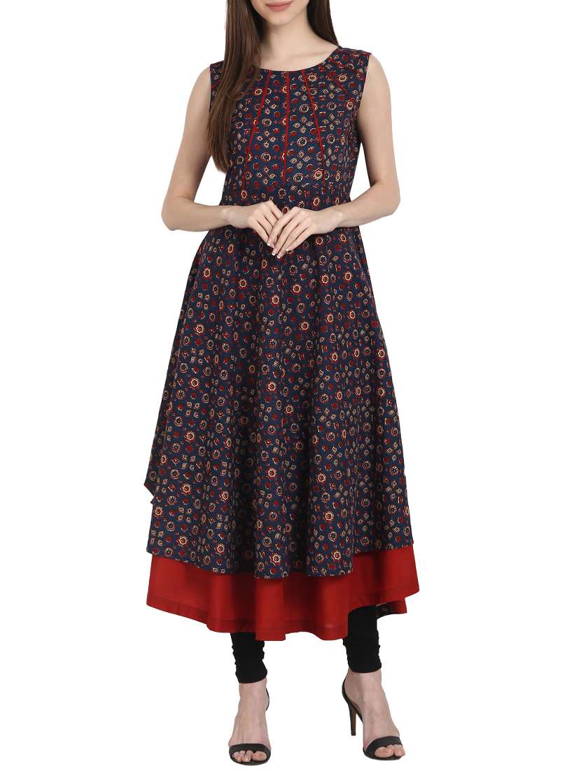 blue & red cotton printed layered kurta