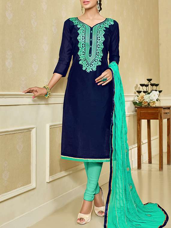 blue cotton blend embroidered dress material