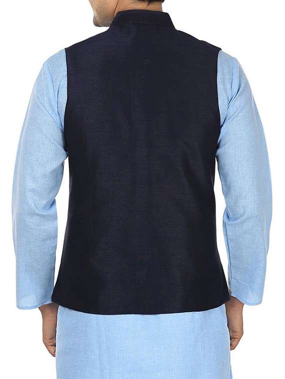 solid navy blue polyester nehru jacket - 13270139 - Standard Image - 2
