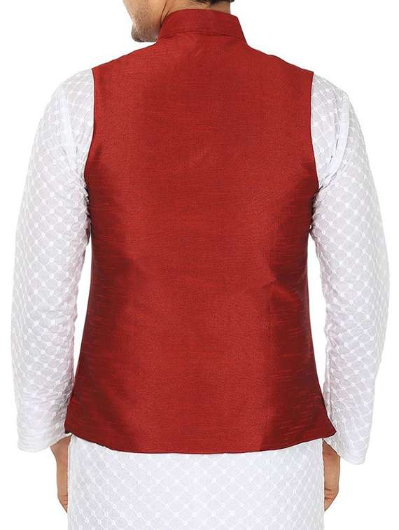 solid maroon polyester nehru jacket - 13270140 - Standard Image - 2