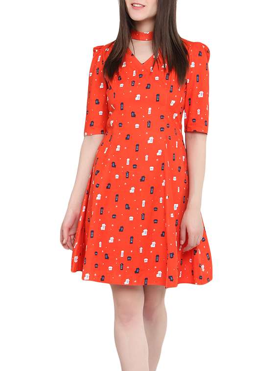 orange cotton a-line printed dress 