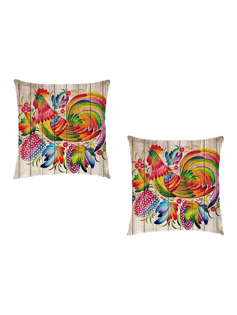 digitally printed cushion cover of colorful hen on wooden fence set of two