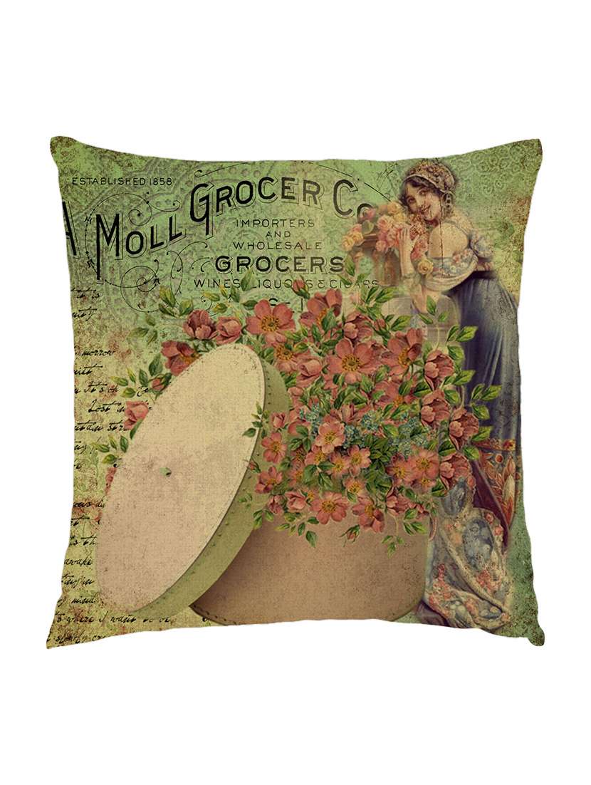 digitaly printed cushion cover of an  vintage flowers and standing lady