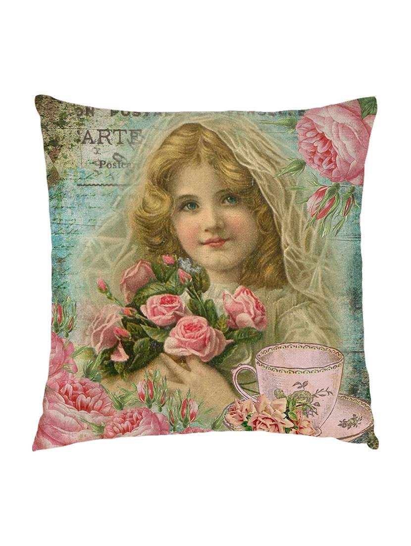digitaly printed cushion cover of an  vintage girl with roses.