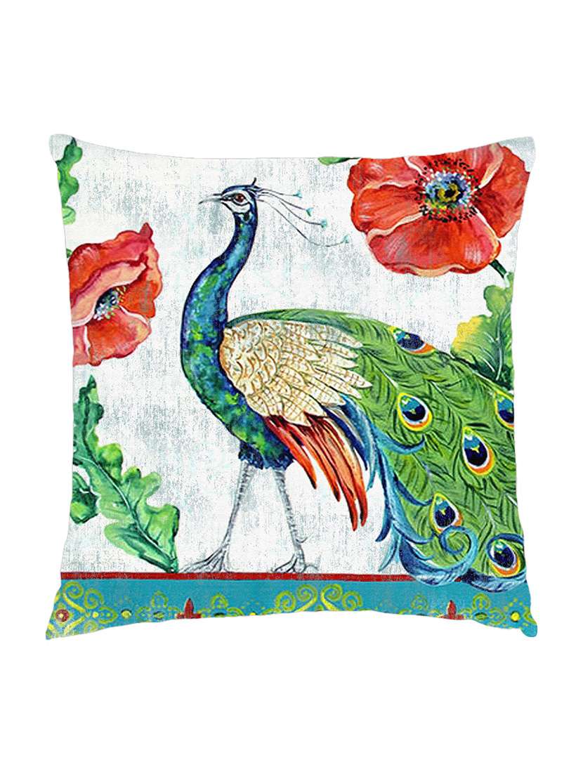 digitally printed cushion cover of a peacock and red flowers