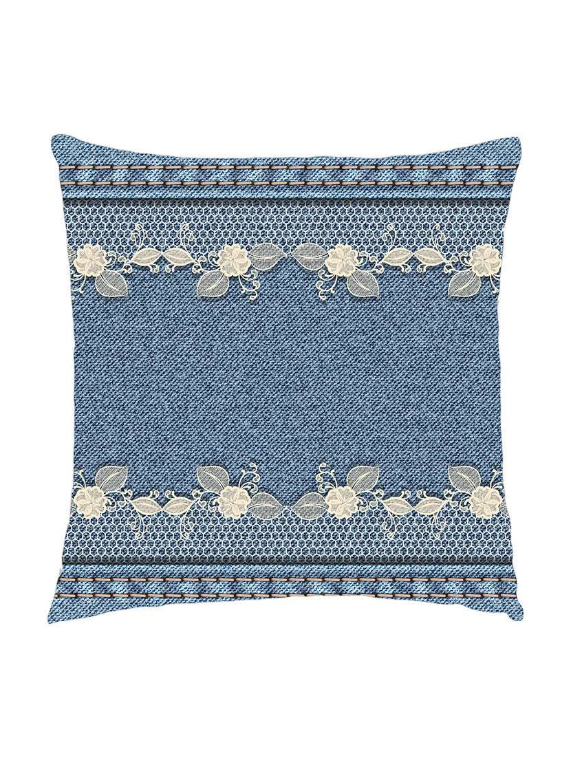 digitally printed cushion cover of denim look with floral lace look on both ends