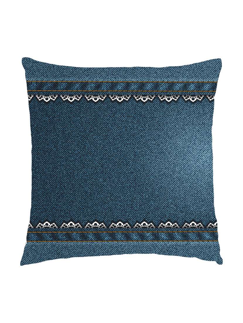 digitally printed cushion cover of denim look with lace look on both ends