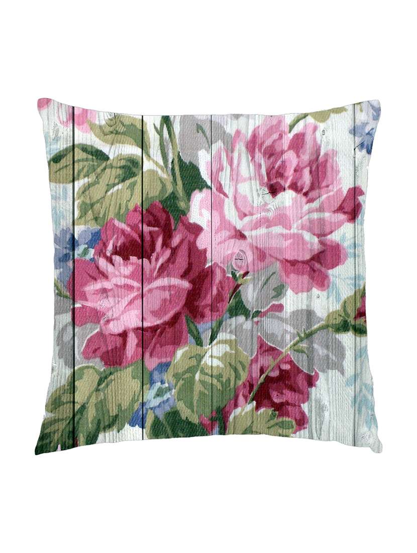 digitally printed cushion cover of vintage red and pink roses on wooden plank