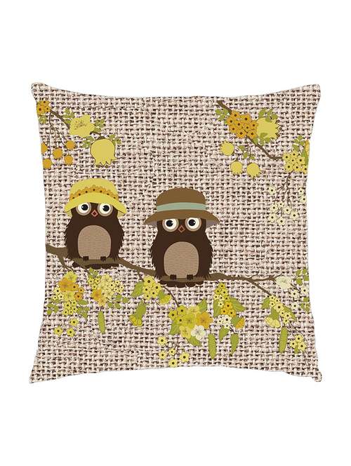 digitally printed cushion cover of jute texture and spring owls - 13285707 - Standard Image - 0
