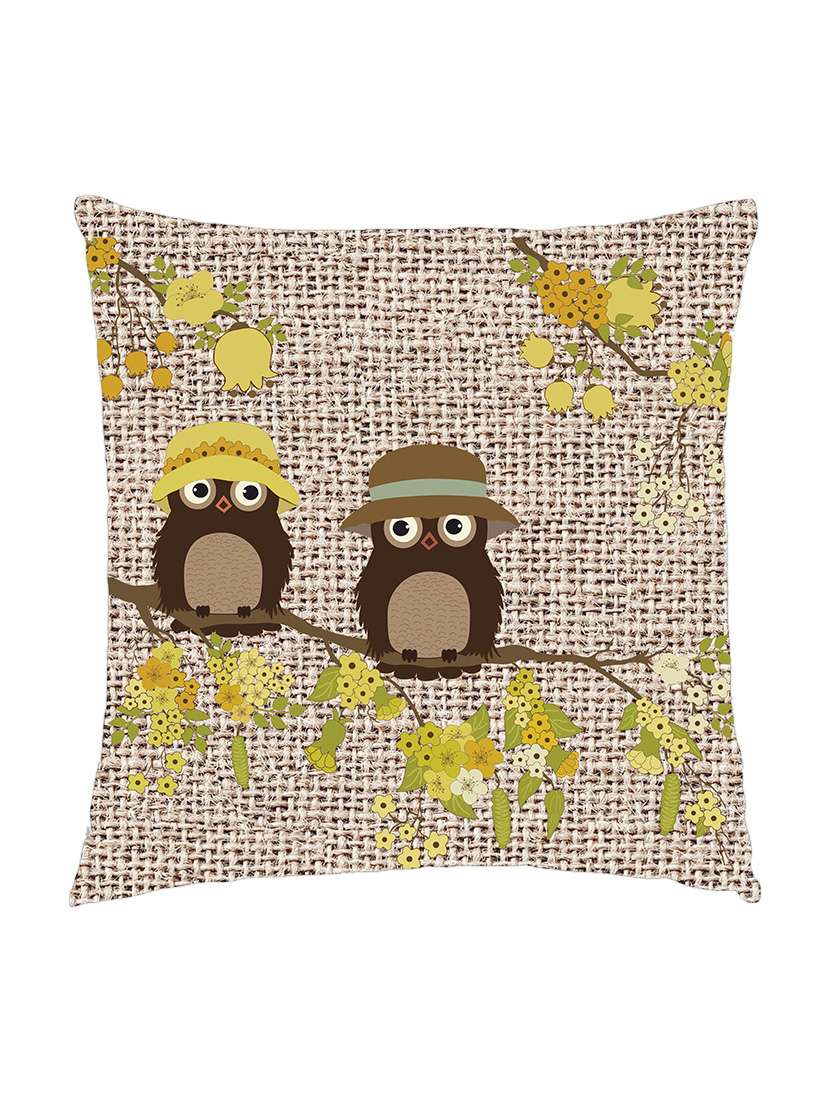 digitally printed cushion cover of jute texture and spring owls - 13285707 - Zoom Image - 0