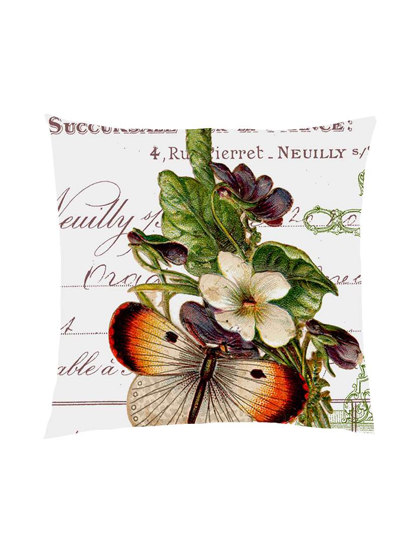 digitally printed text & butterfly & flowers satin cushion cover