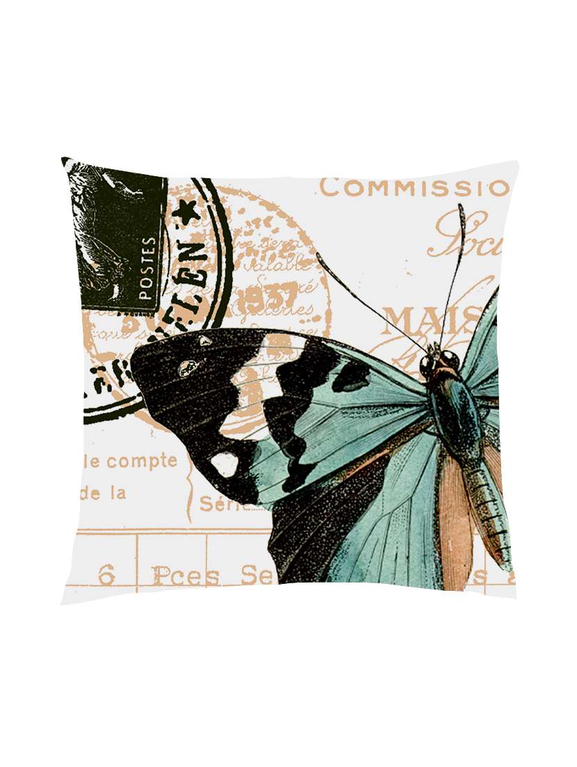 digitally printed text, stamp & butterfly satin cushion cover