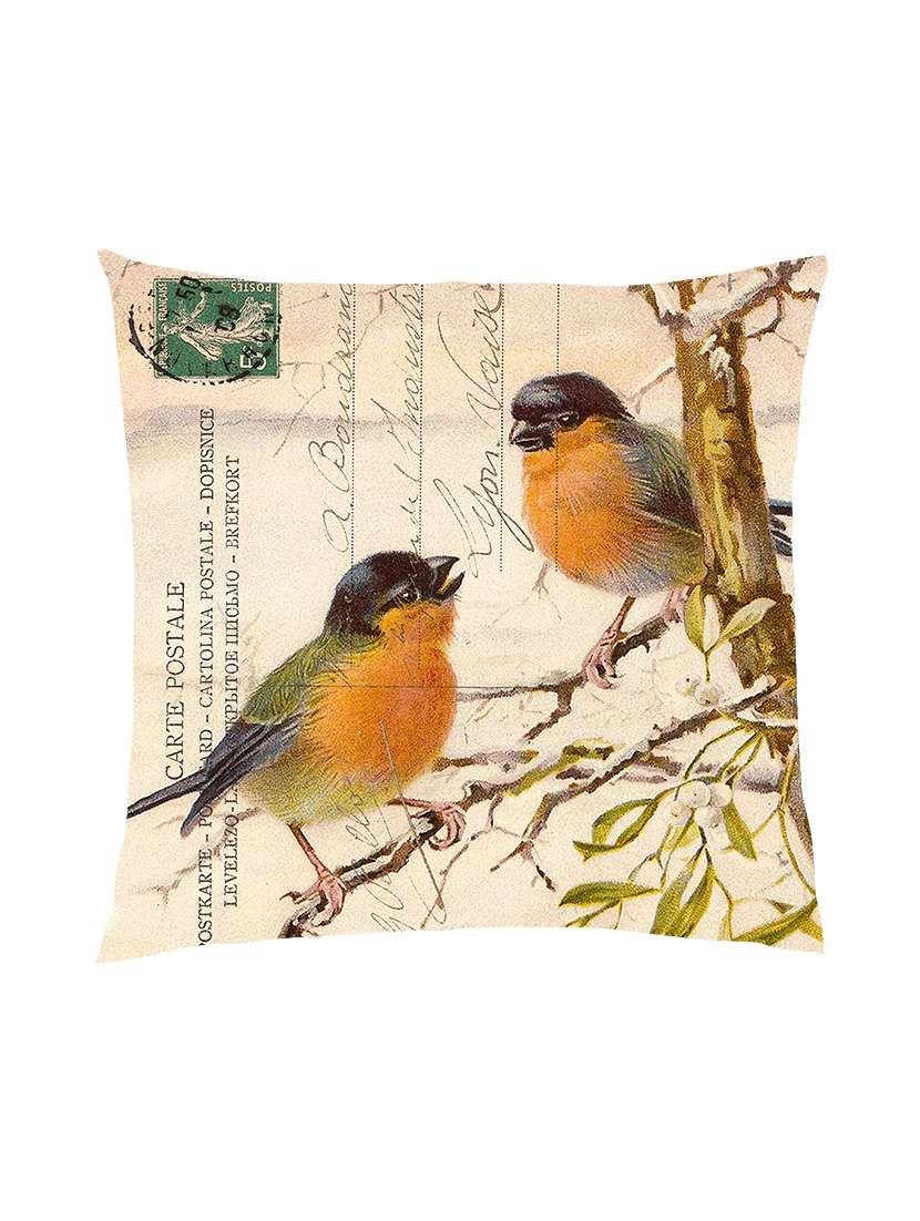 digitally printed text, stamp & bird satin cushion cover