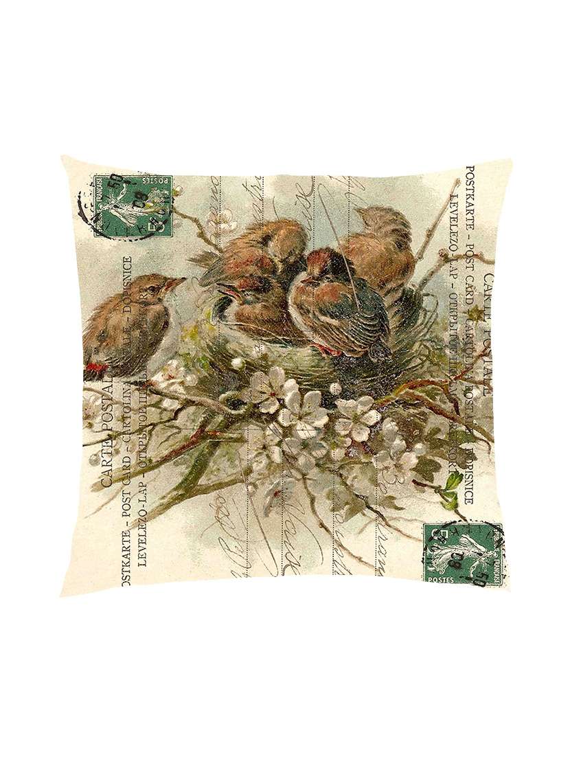 digitally printed text, stamp, nest & bird satin cushion cover