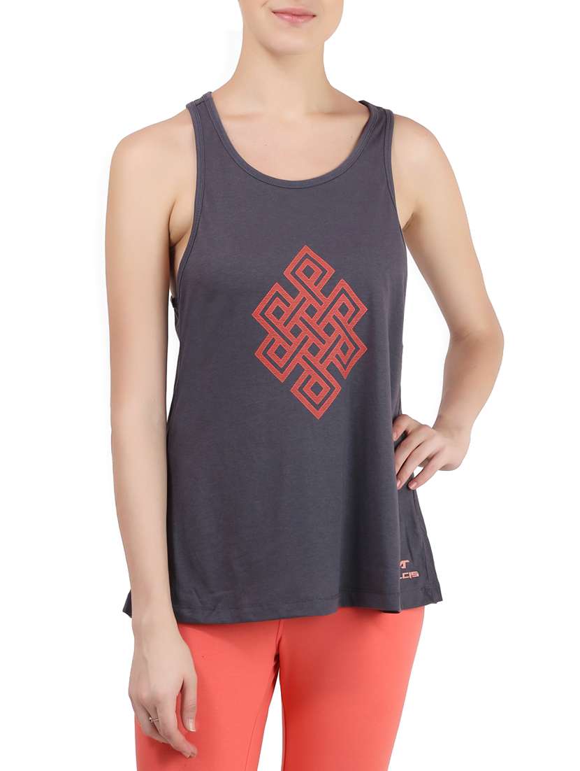 grey printed top with back cut-out detail