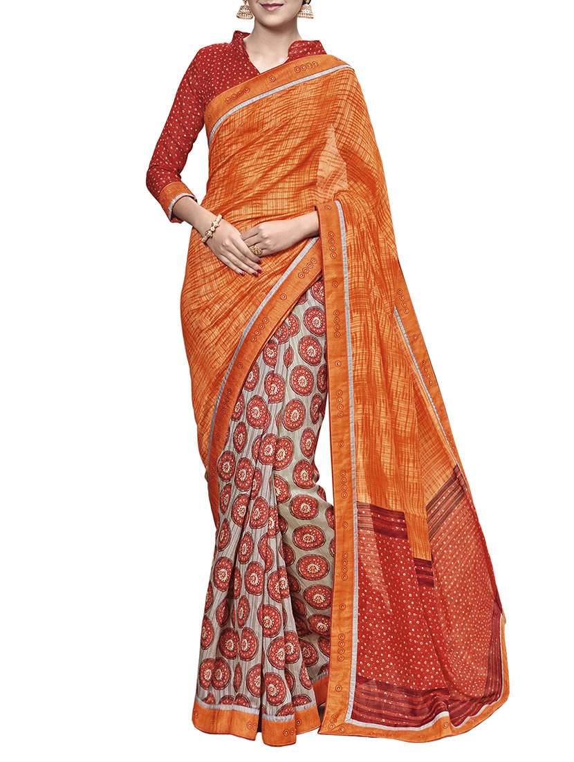 orange art silk printed saree with blouse