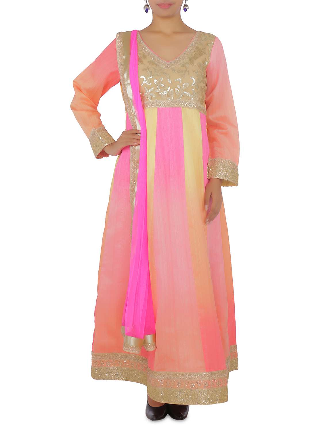 pink and yellow shaded embellished suit set