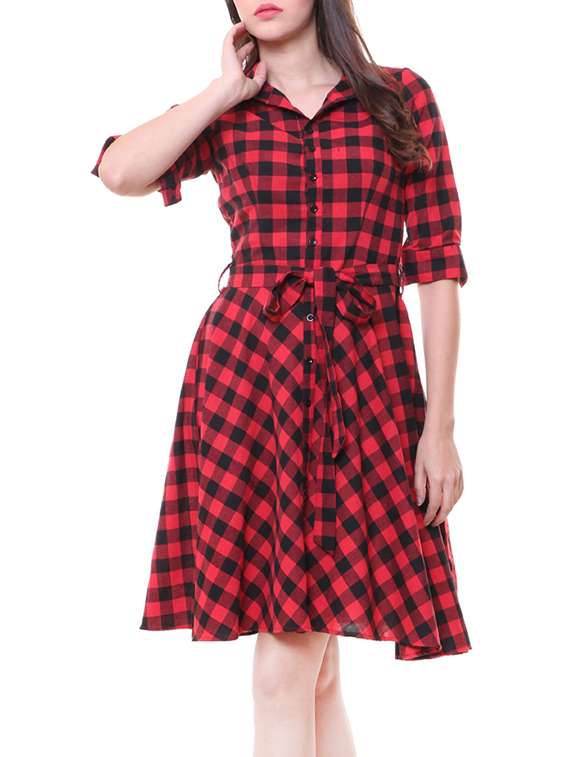 red cotton belted dress
