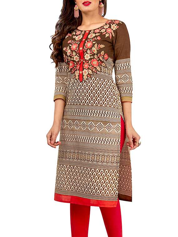 brown cotton printed unstitched kurti