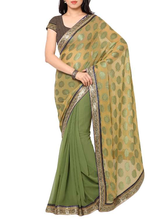 green georgette embellished half and half saree with blouse
