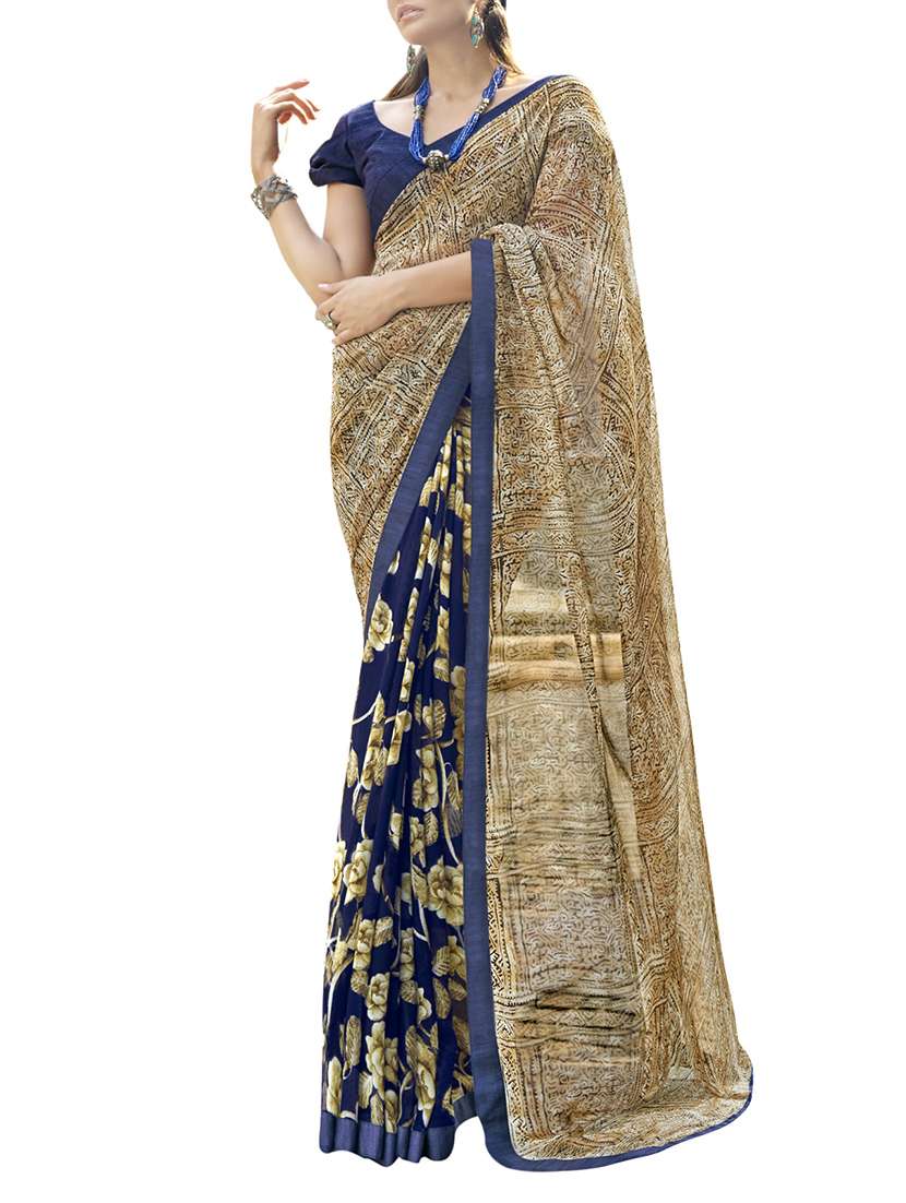 blue & beige faux georgette printed saree with blouse