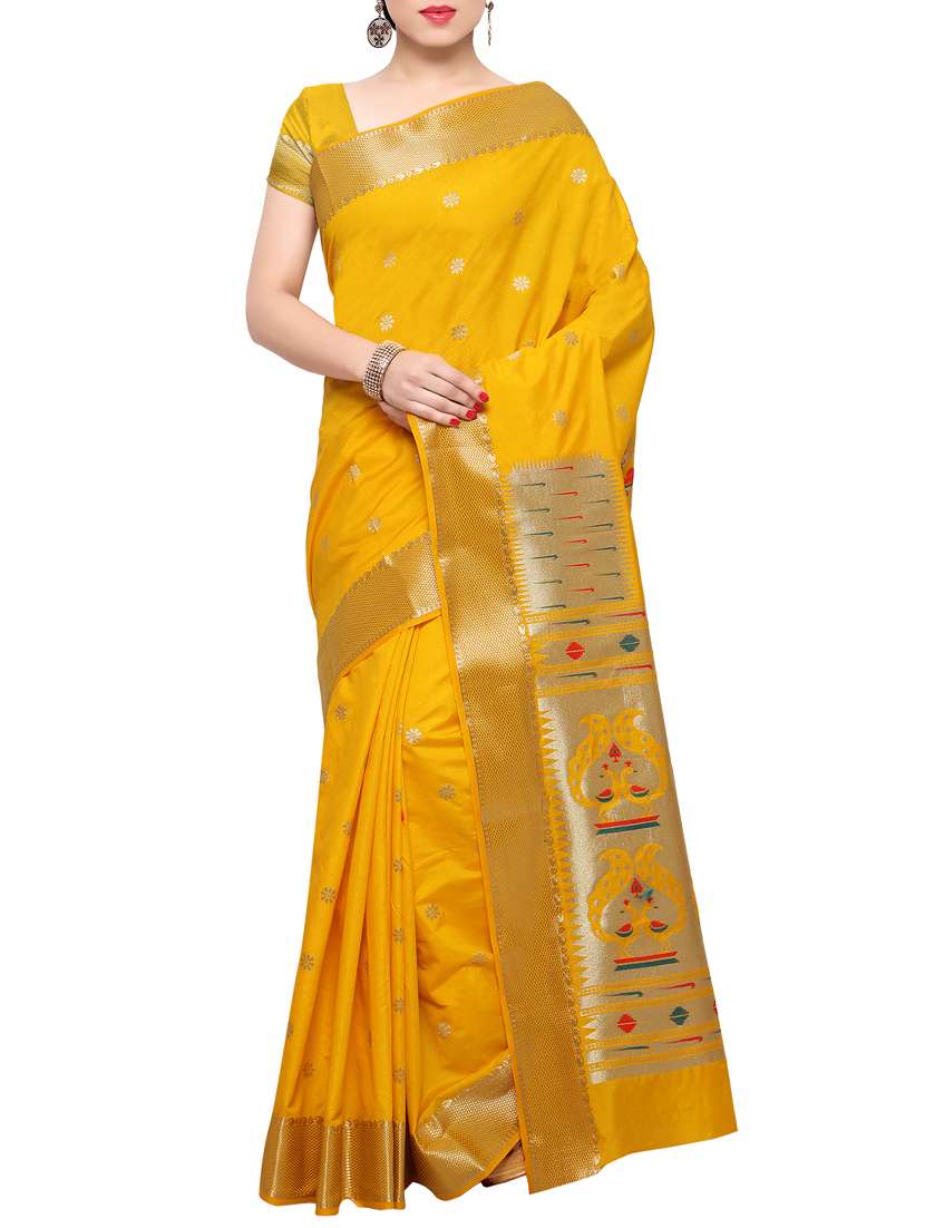 yellow paithani art silk saree with blouse