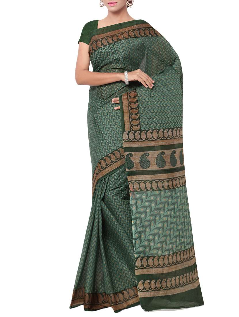 women's floral dark green colored saree with blouse