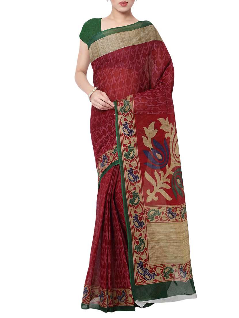 women's floral maroon colored saree with blouse