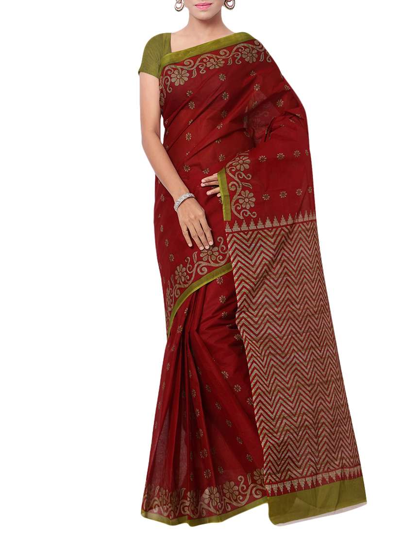 women's floral maroon colored saree with blouse