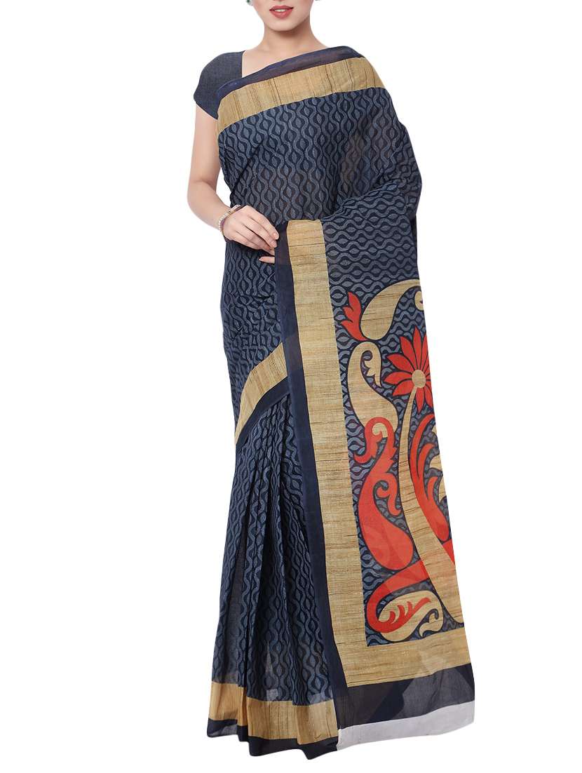 women's floral navy blue colored saree with blouse