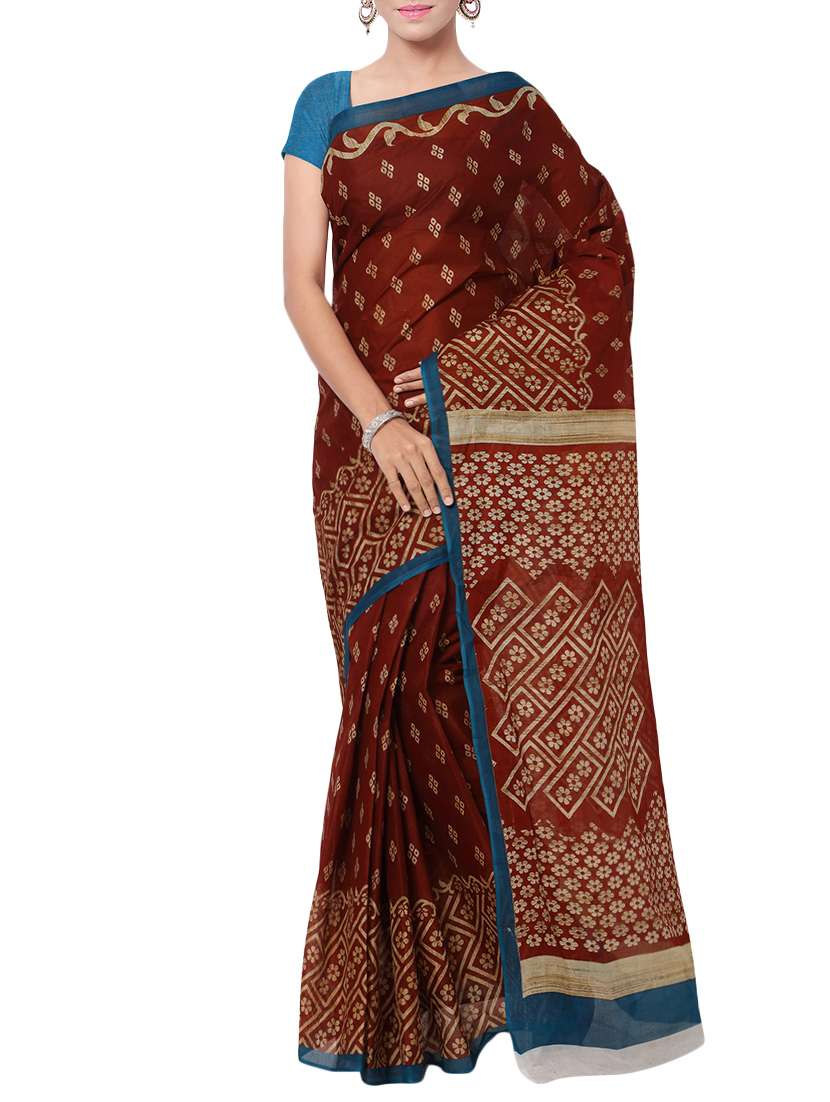 women's floral maroon colored saree with blouse