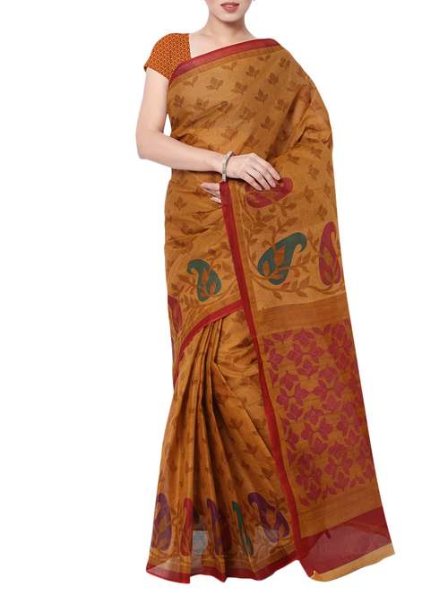 women's printed mustard colored saree with blouse - 13308195 -  Standard Image - 0