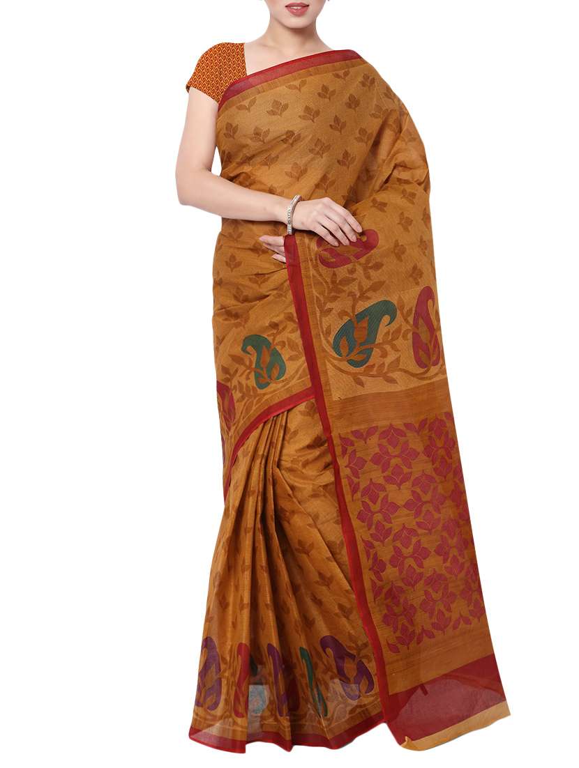 women's printed mustard colored saree with blouse - 13308195 -  Zoom Image - 0