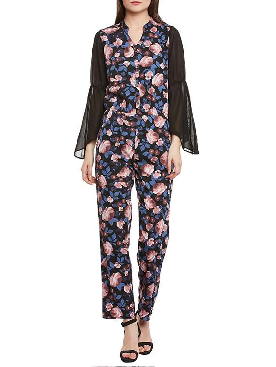 black printed crepe full leg jumpsuit