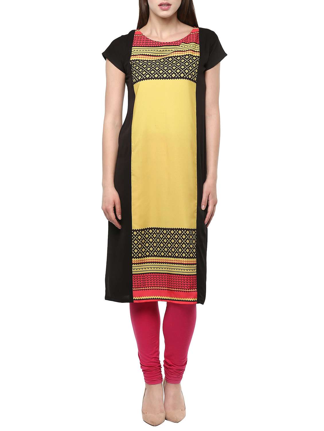 yellow crepe printed straight kurta