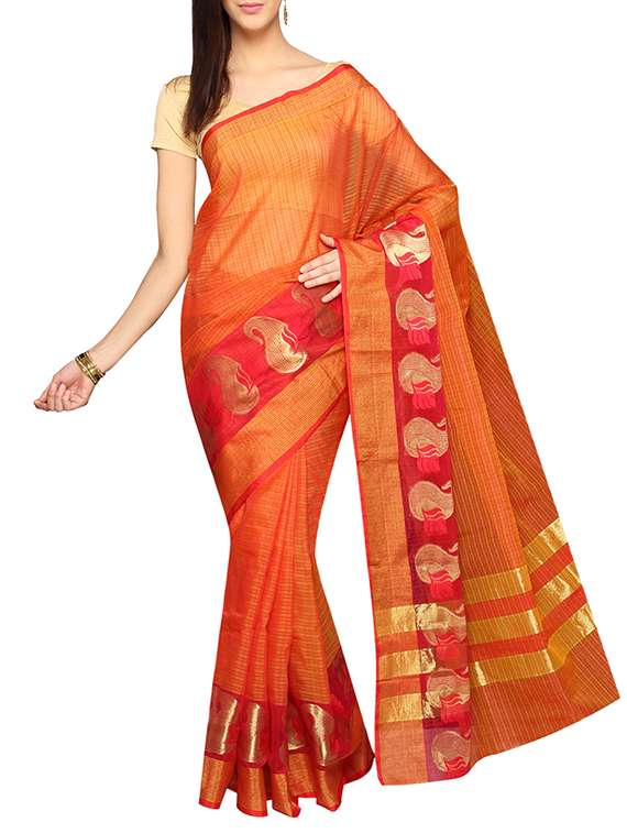 orange cotton woven saree with blouse