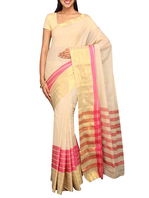 beige cotton bordered saree with blouse