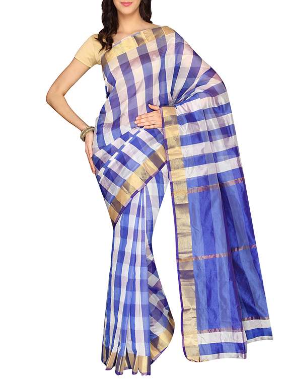 blue cotton blend woven saree with blouse