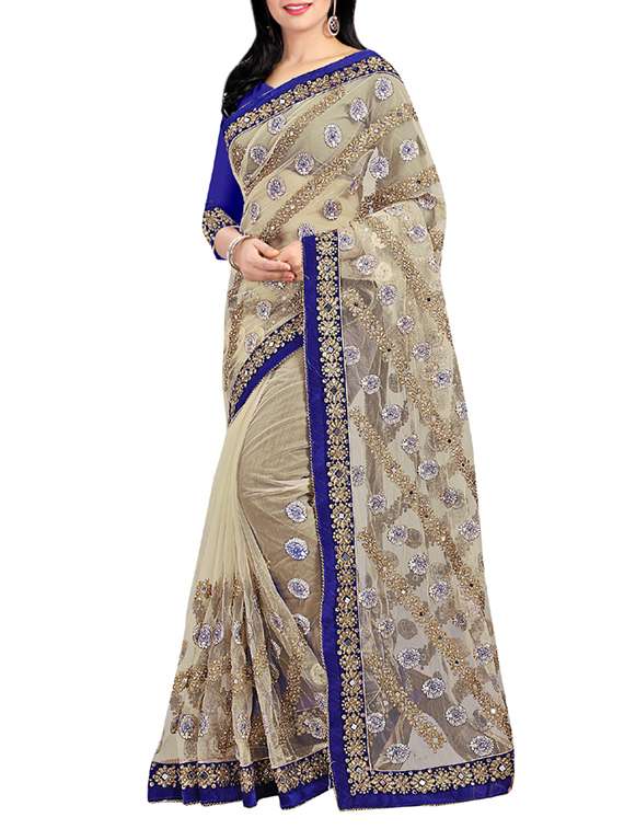 beige net embellished saree with blouse