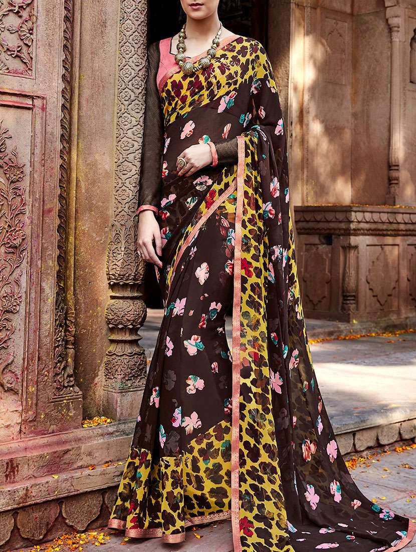 brown georgette printed saree with blouse