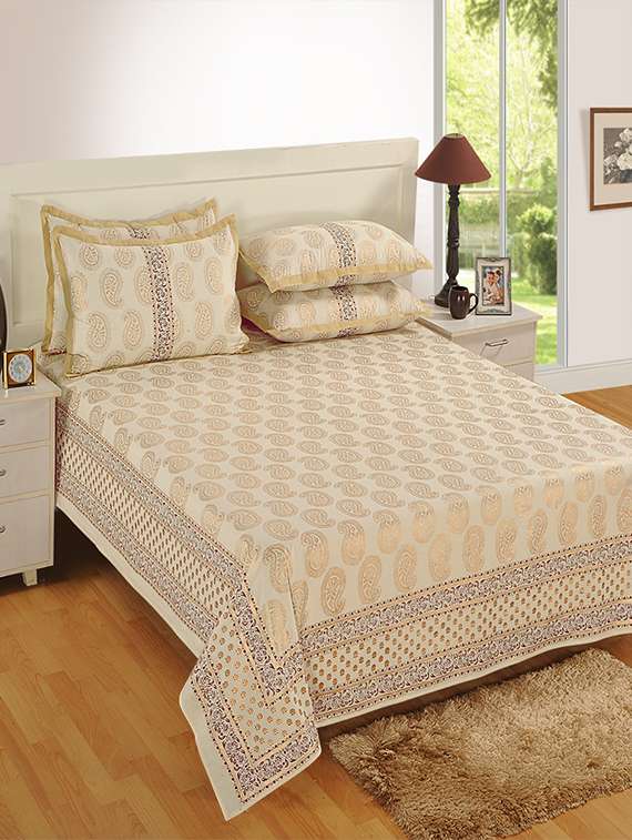 saavra beige colour cotton double bed sheet with 2 pillow covers