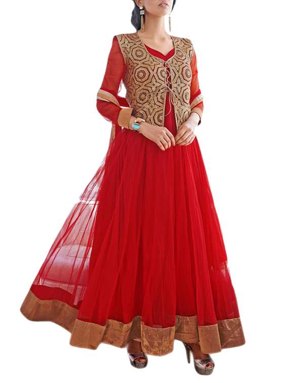 embroidered net and georgette long gown suit set